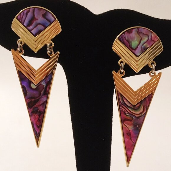 Chevron Earrings Pink Purple Mother Of Pearl Gold Tone Metal Pierced Post Dangle - Picture 4 of 8